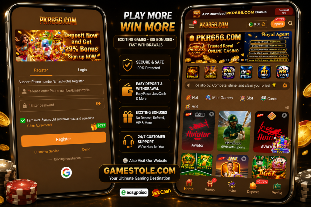 PKR656 APK promotions page showing event rewards, referral bonuses, VIP offers, daily deposit leaderboard, and promotional campaigns.