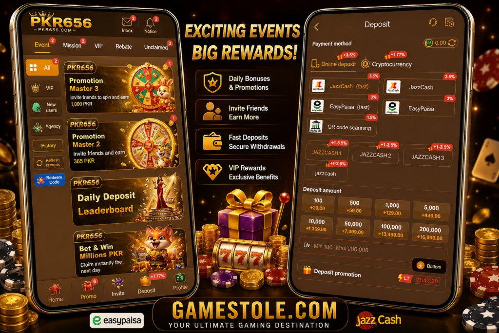 PKR656 APK deposit screen featuring EasyPaisa, JazzCash, QR code payments, cryptocurrency options, and deposit bonus offers for Pakistani players.
