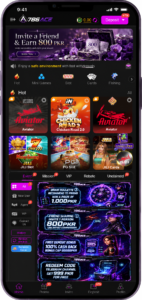 786ACE Game promo page displayed showing event rewards, referral bonuses, first deposit cashback offer, redeem code section, and gaming promotions for Pakistani users